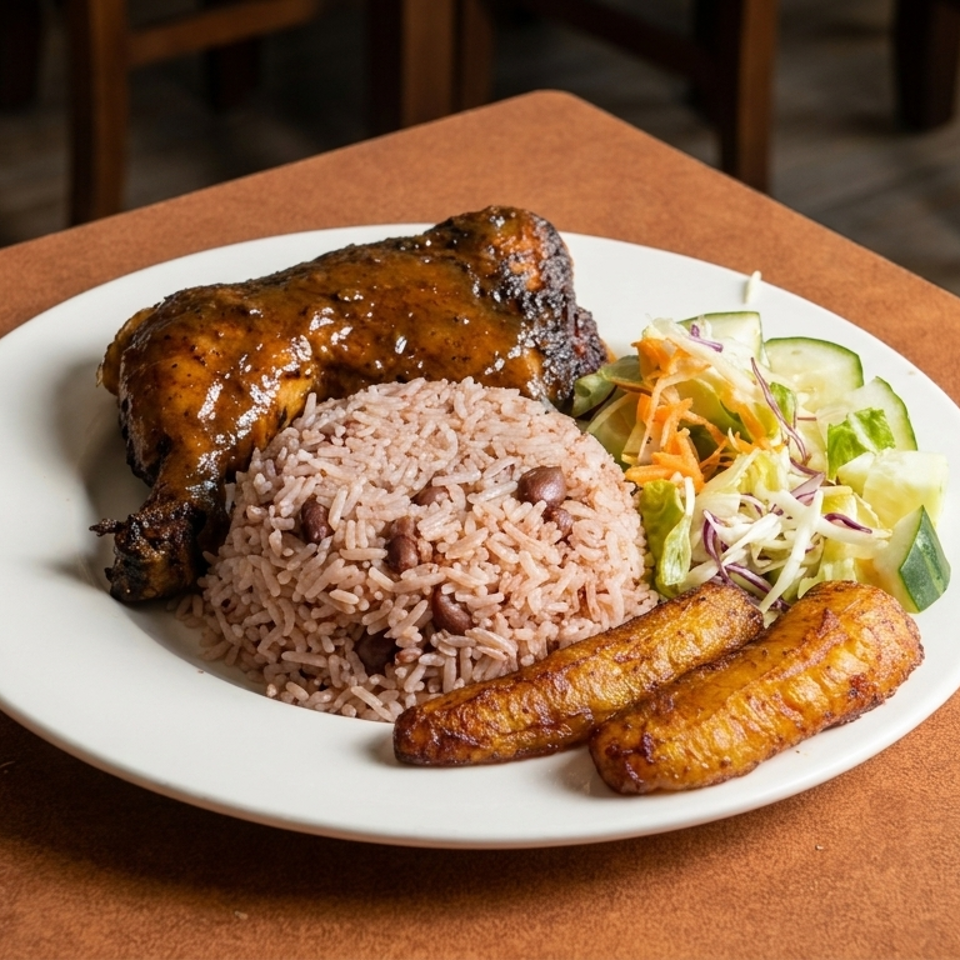 Plate of glazed jerk chicken, rice and beans, fried plantains, and fresh salad on a restaurant table.