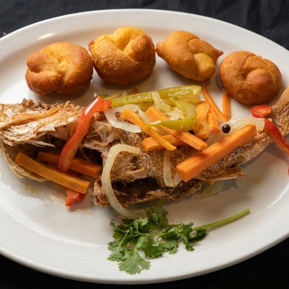 Whole fried fish topped with colorful vegetables, served with four golden fritters and cilantro on a white plate.