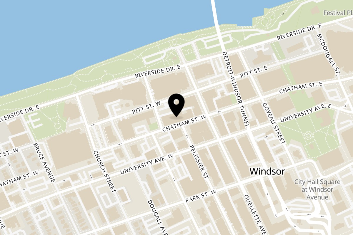 Map showing the location of Diva's Delite Caribbean and Canadian Cuisine on 110 Chatham Street West in Windsor